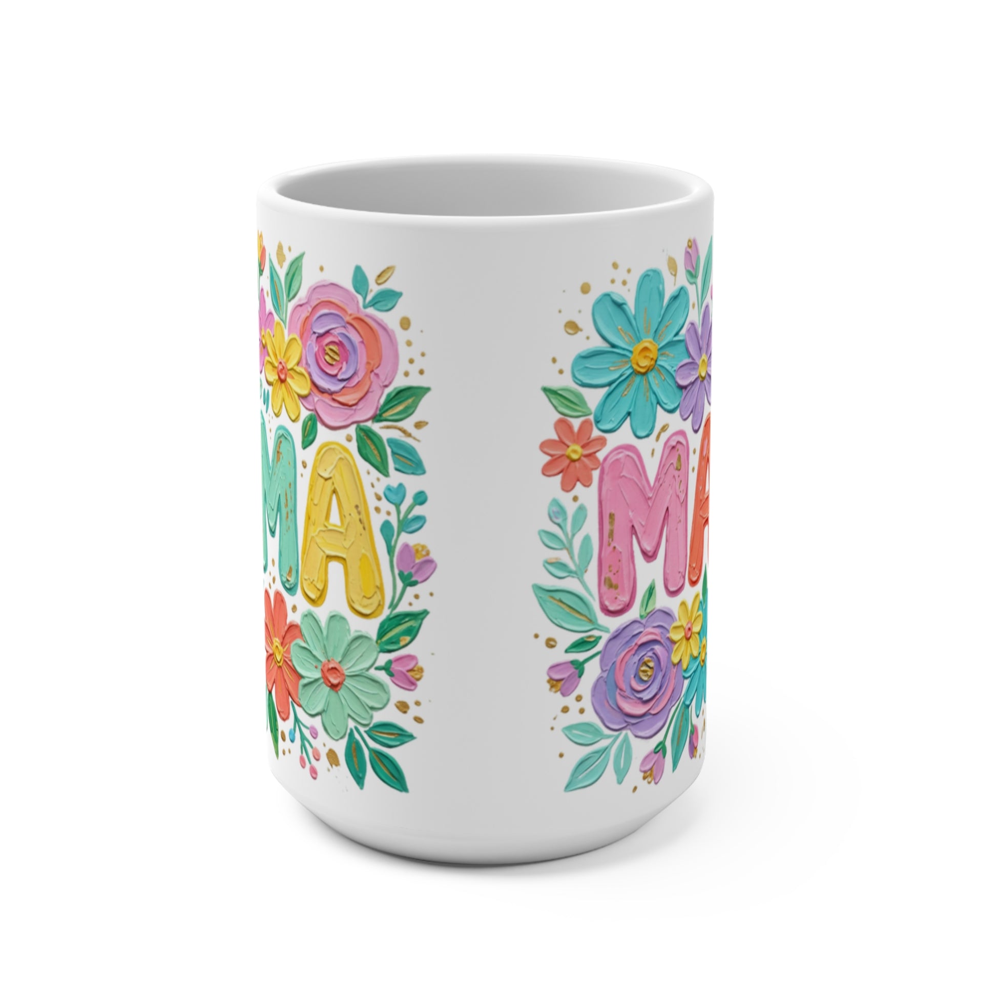 White mug with "MAMA" spelled out in colorful flowers.