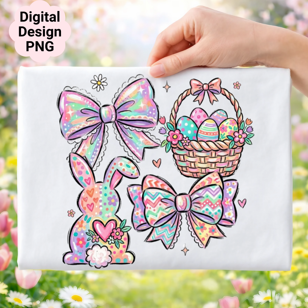Easter bunny, eggs in basket, and bows digital design PNG.