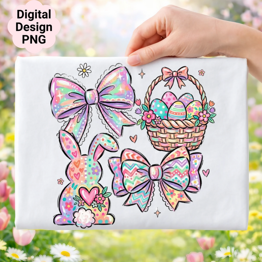 Easter bunny, eggs in basket, and bows digital design PNG.