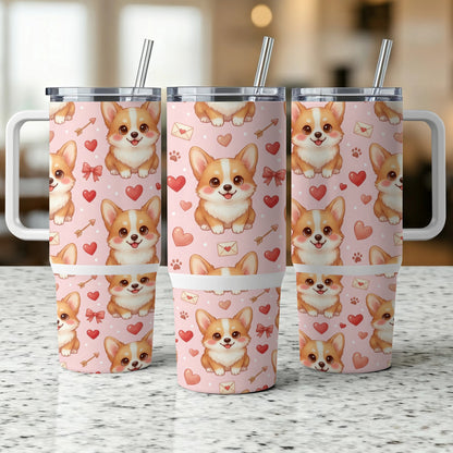 Pink tumbler with corgis, hearts, and envelopes pattern.