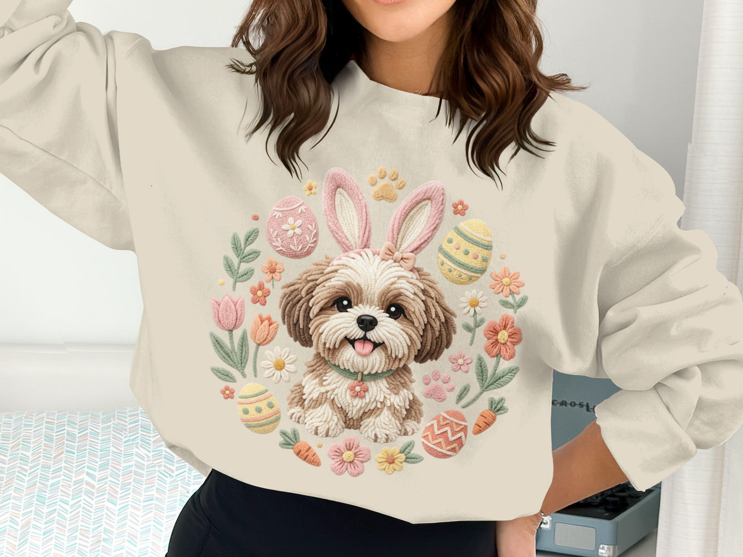 Shih Tzu puppy wearing bunny ears, surrounded by Easter eggs, flowers, and carrots.