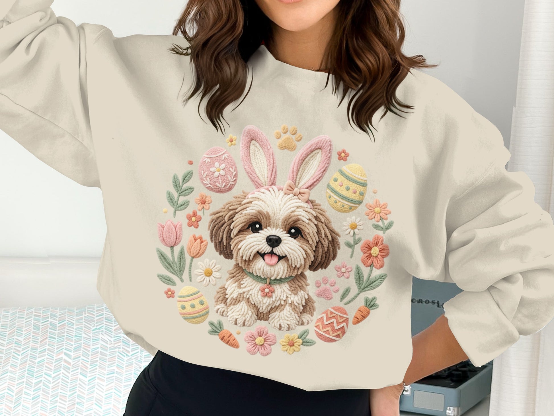 Shih Tzu puppy wearing bunny ears, surrounded by Easter eggs, flowers, and carrots.
