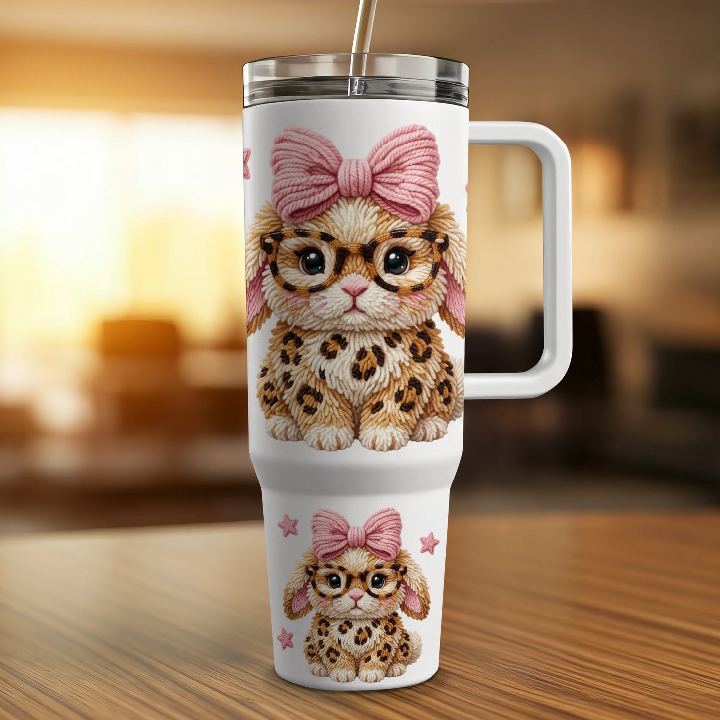White tumbler with leopard print bunny graphic and pink bow.
