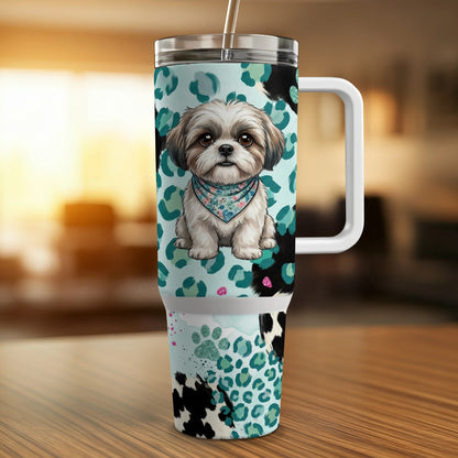 Shih Tzu dog wearing bandana on leopard print tumbler with handle.