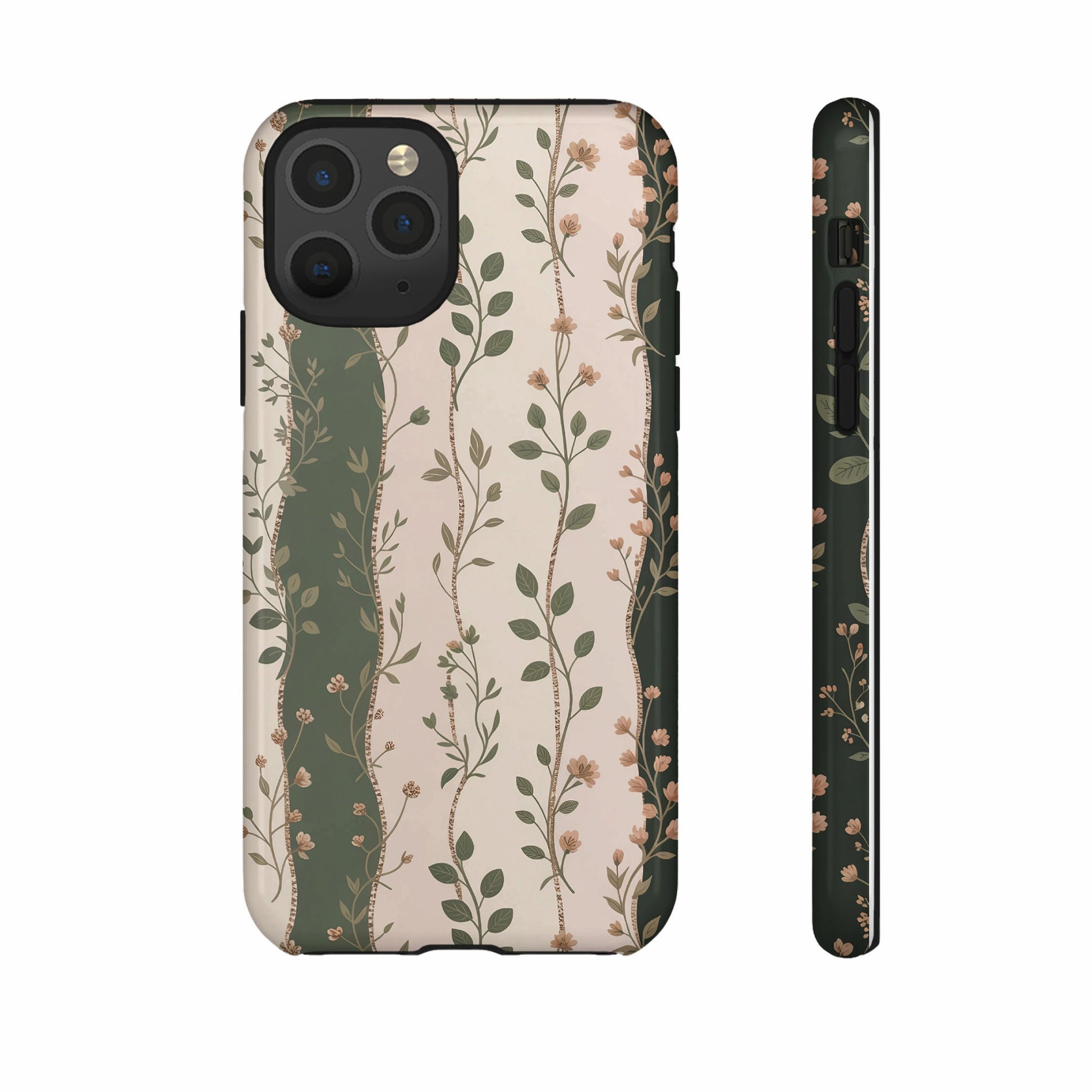 Floral pattern phone case with green stripe accent.