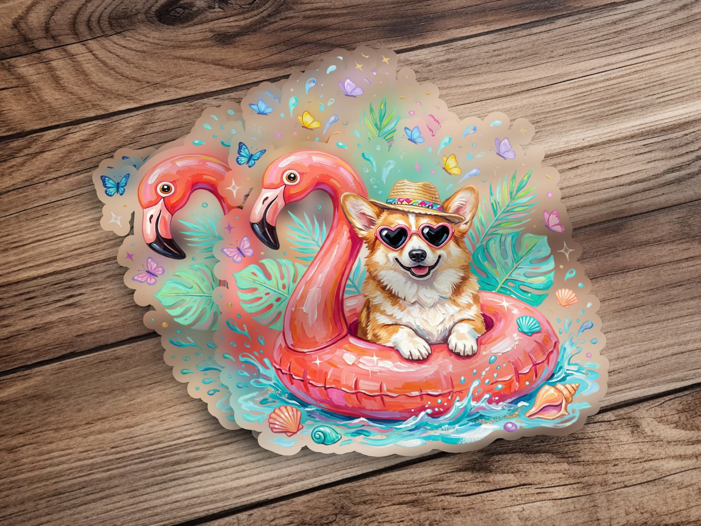 Corgi wearing sunglasses in a flamingo float with butterflies and seashells.