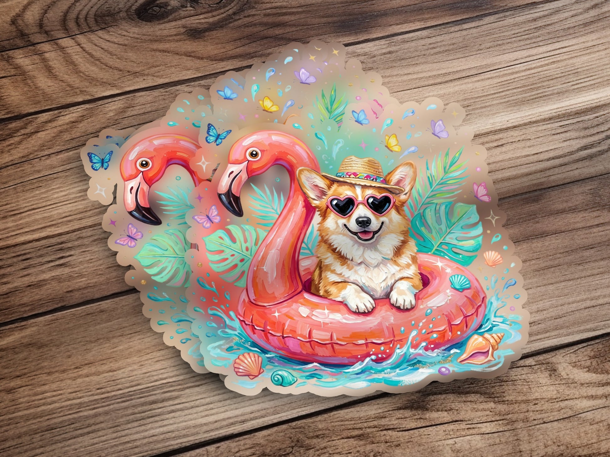 Corgi wearing sunglasses in a flamingo float with butterflies and seashells.