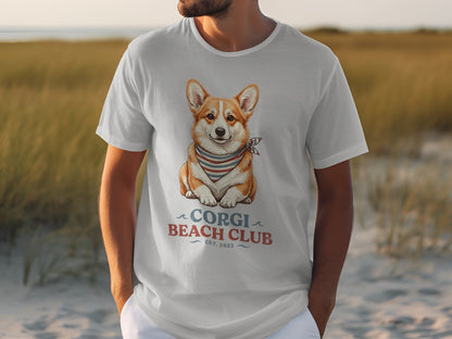 White t-shirt with a cute corgi wearing a bandana, "Corgi Beach Club Est. 2023".