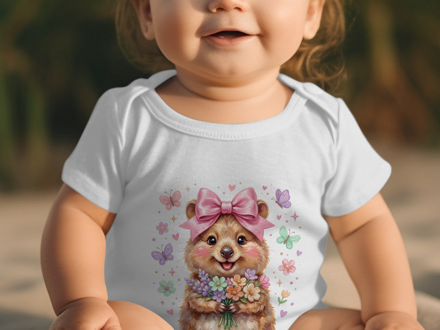 Baby wearing a white onesie with a quokka graphic holding a flower bouquet.