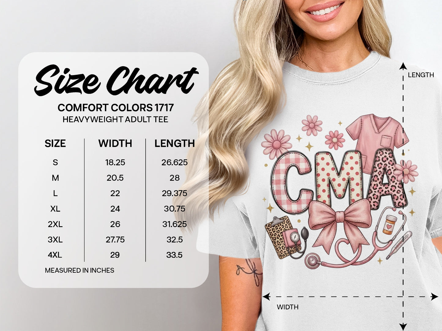 Comfort Colors 1717 size chart for heavyweight adult tee with CMA graphic.
