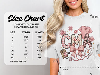 Comfort Colors 1717 size chart for heavyweight adult tee with CMA graphic.