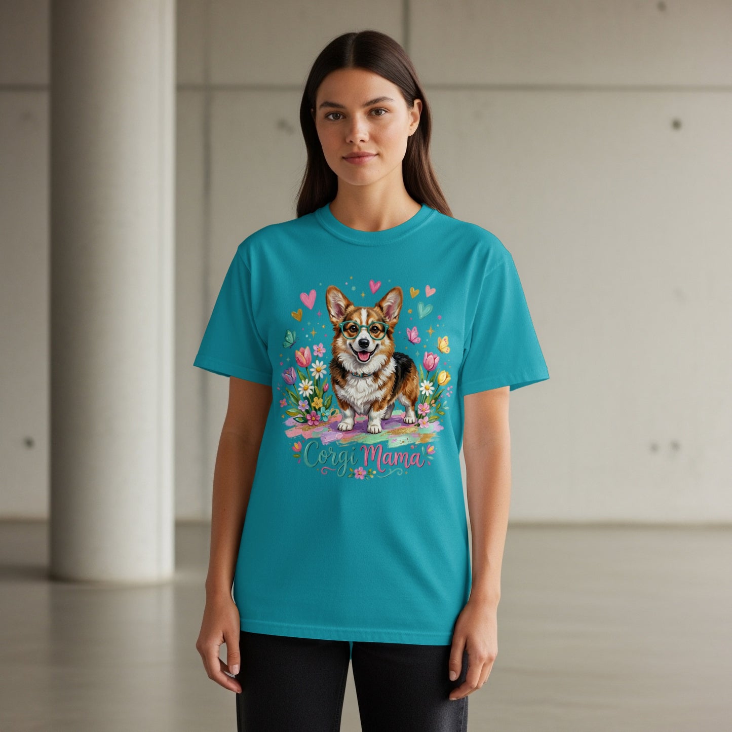 Teal t-shirt with a Corgi, flowers, butterflies, and "Corgi Mama" text.