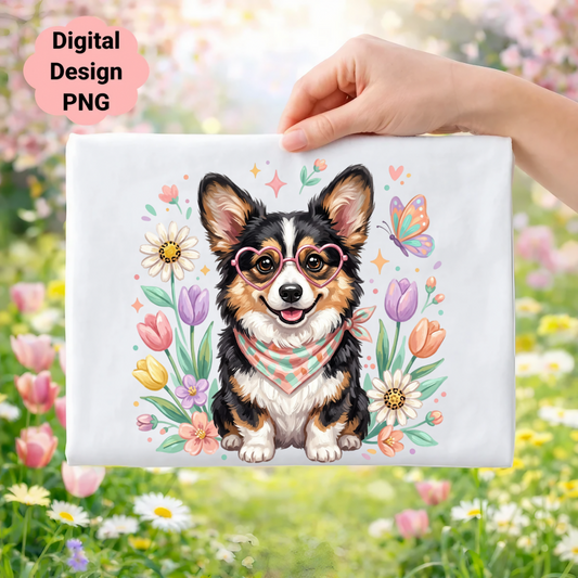 Corgi with heart glasses and butterfly, surrounded by flowers.