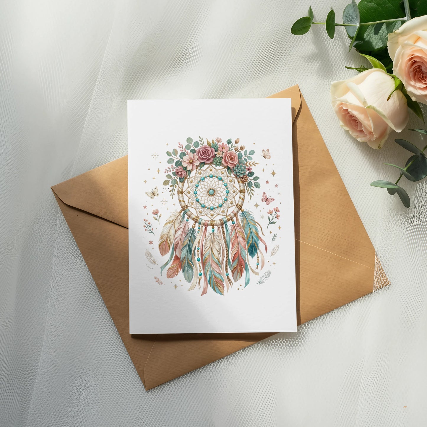 Bohemian-style dreamcatcher illustration on a card with feathers and flowers.