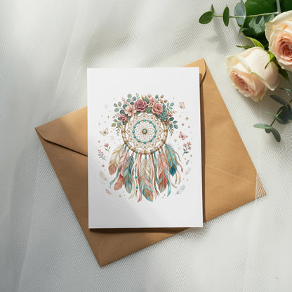 Bohemian-style dreamcatcher illustration on a card with feathers and flowers.