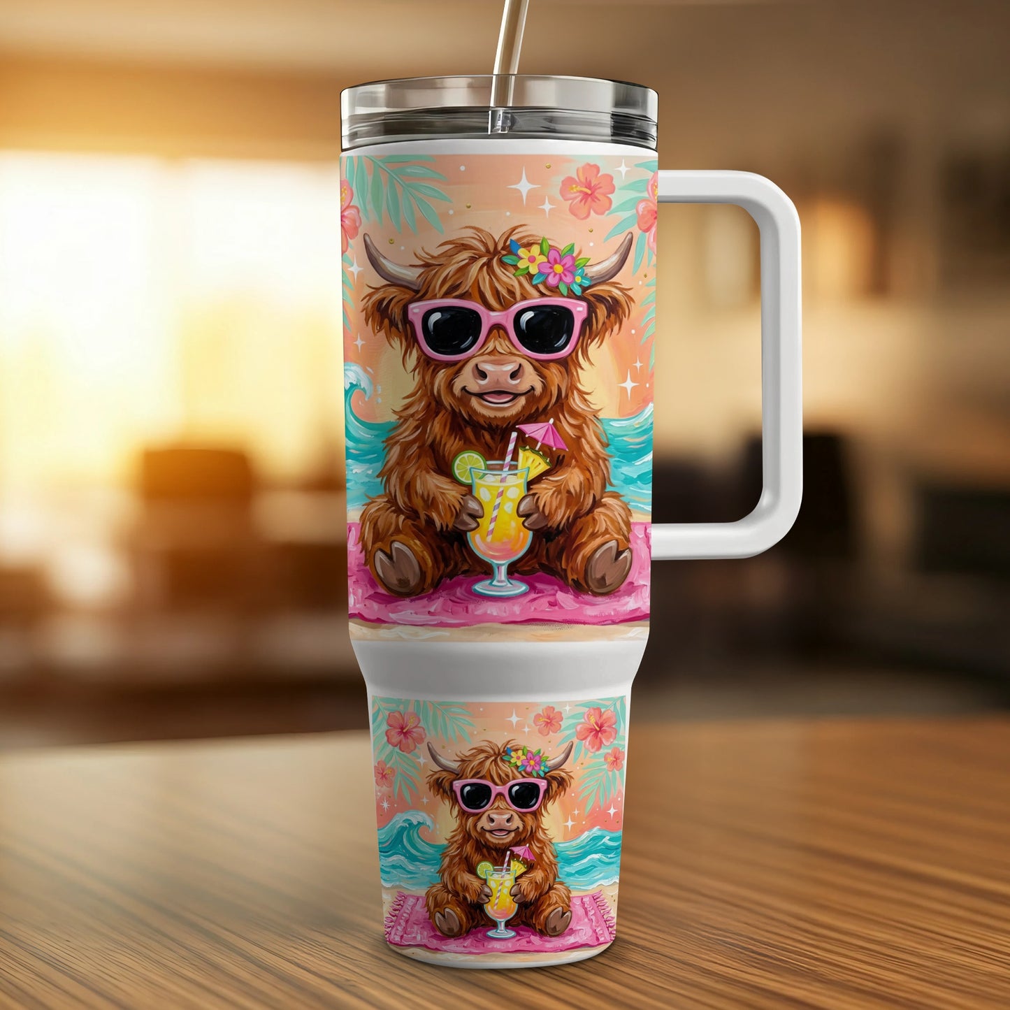 Highland cow with sunglasses and a drink, on a tropical beach background.