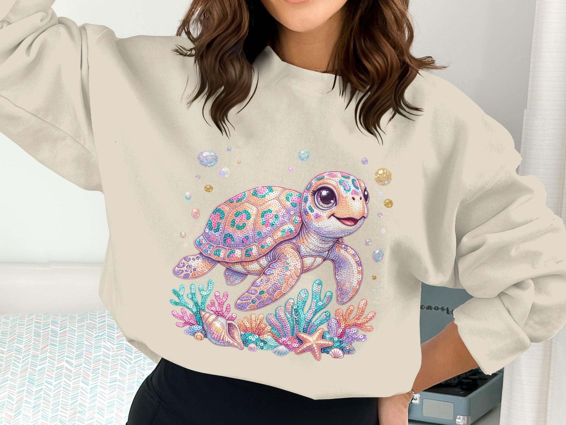 Cute cartoon sea turtle with colorful coral and shells.