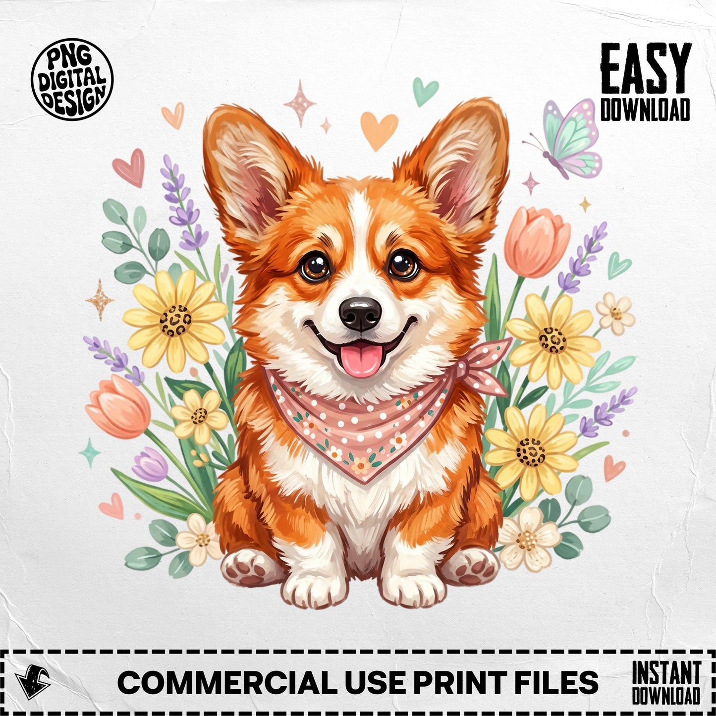 Smiling corgi wearing a bandana surrounded by flowers and butterflies.