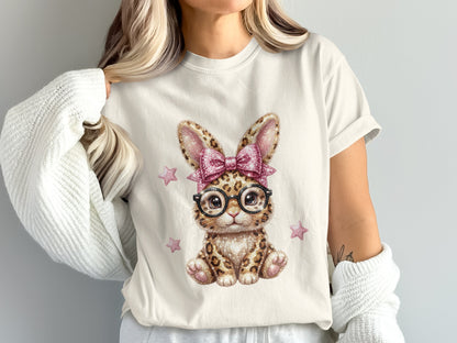 Cheetah bunny wearing glasses and pink bow, with pink stars.