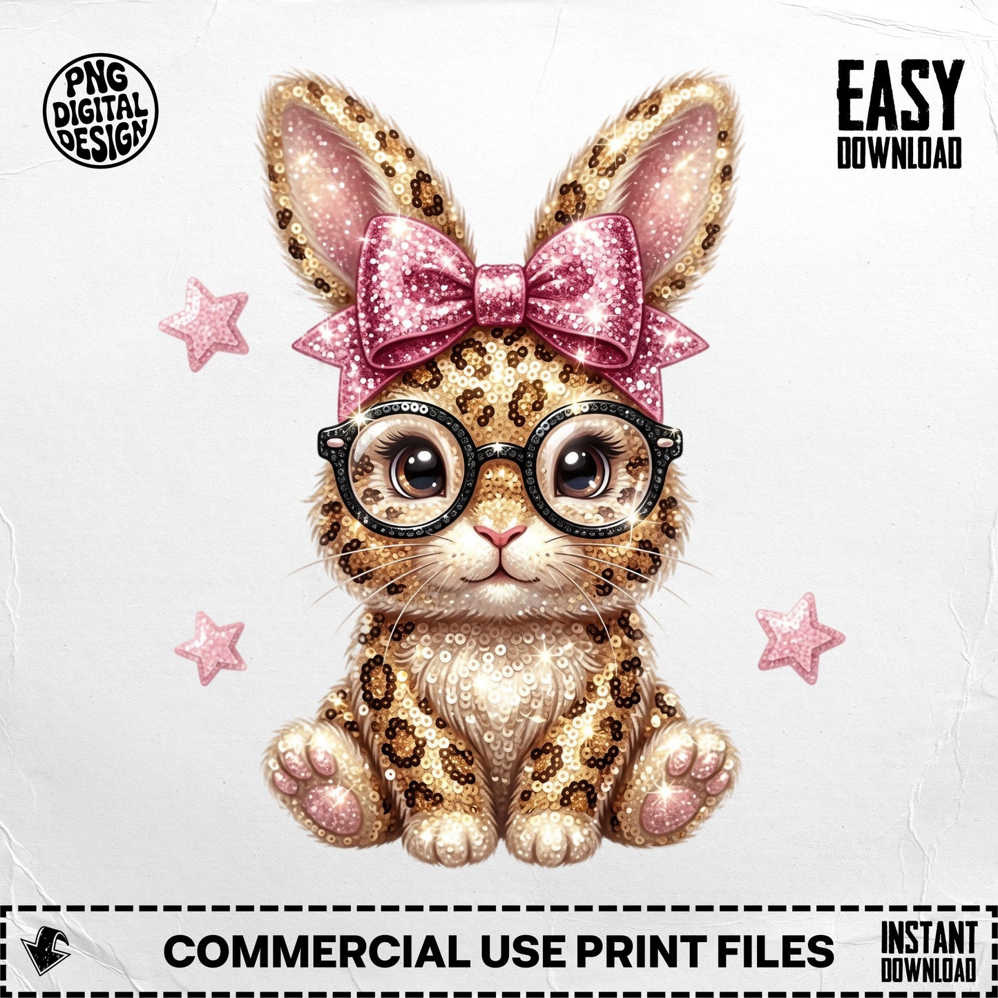 Cute sequined leopard print bunny with glasses and bow.