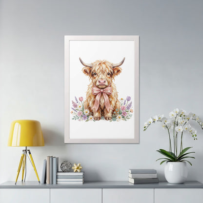 Watercolor painting of a fluffy Highland cow wearing a pink bow, surrounded by flowers.