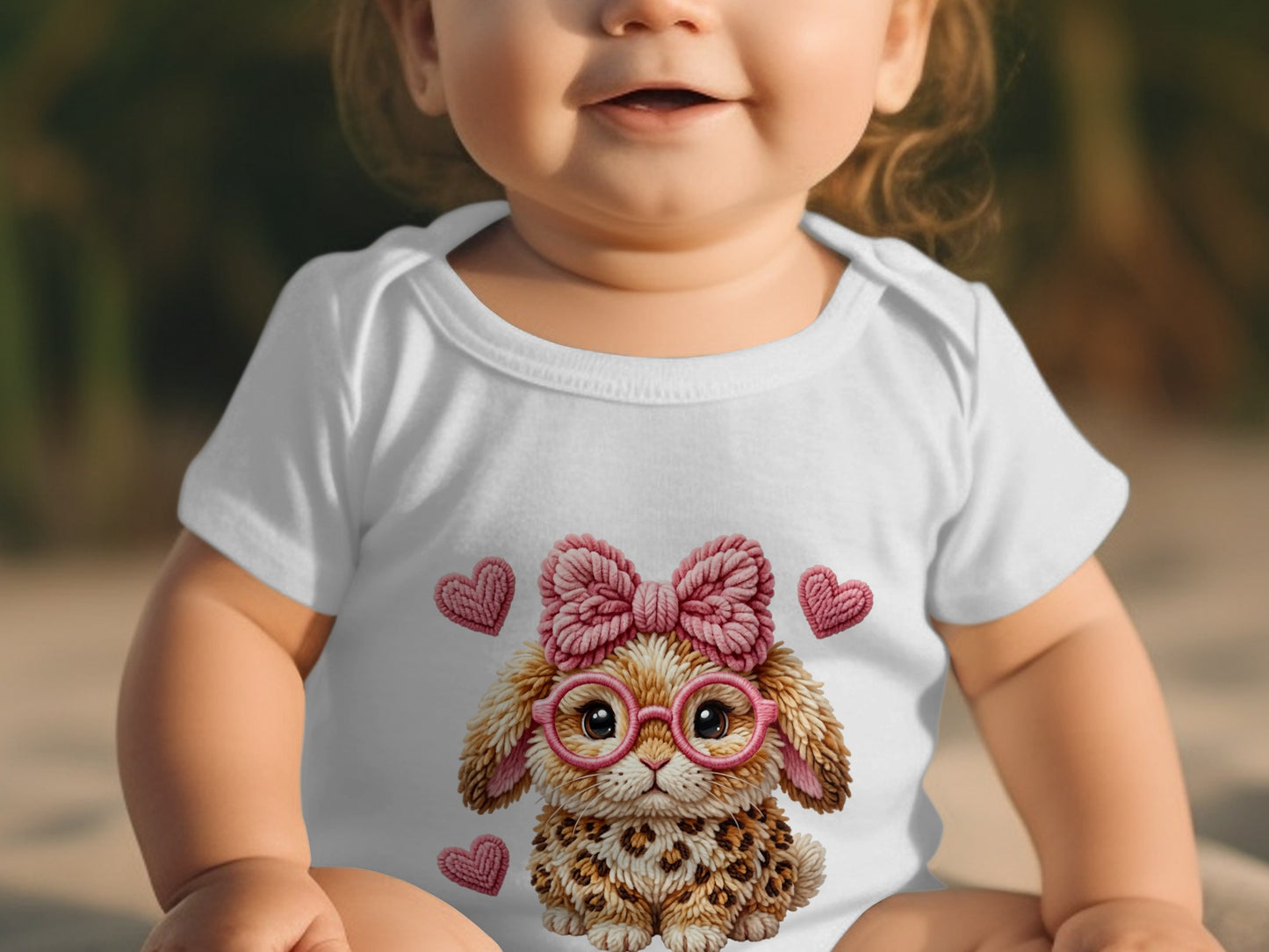 Baby wearing white onesie with a leopard print bunny graphic and pink hearts.