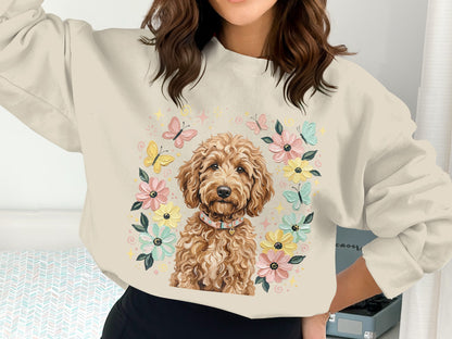 Crewneck sweatshirt with a doodle dog surrounded by butterflies and flowers.