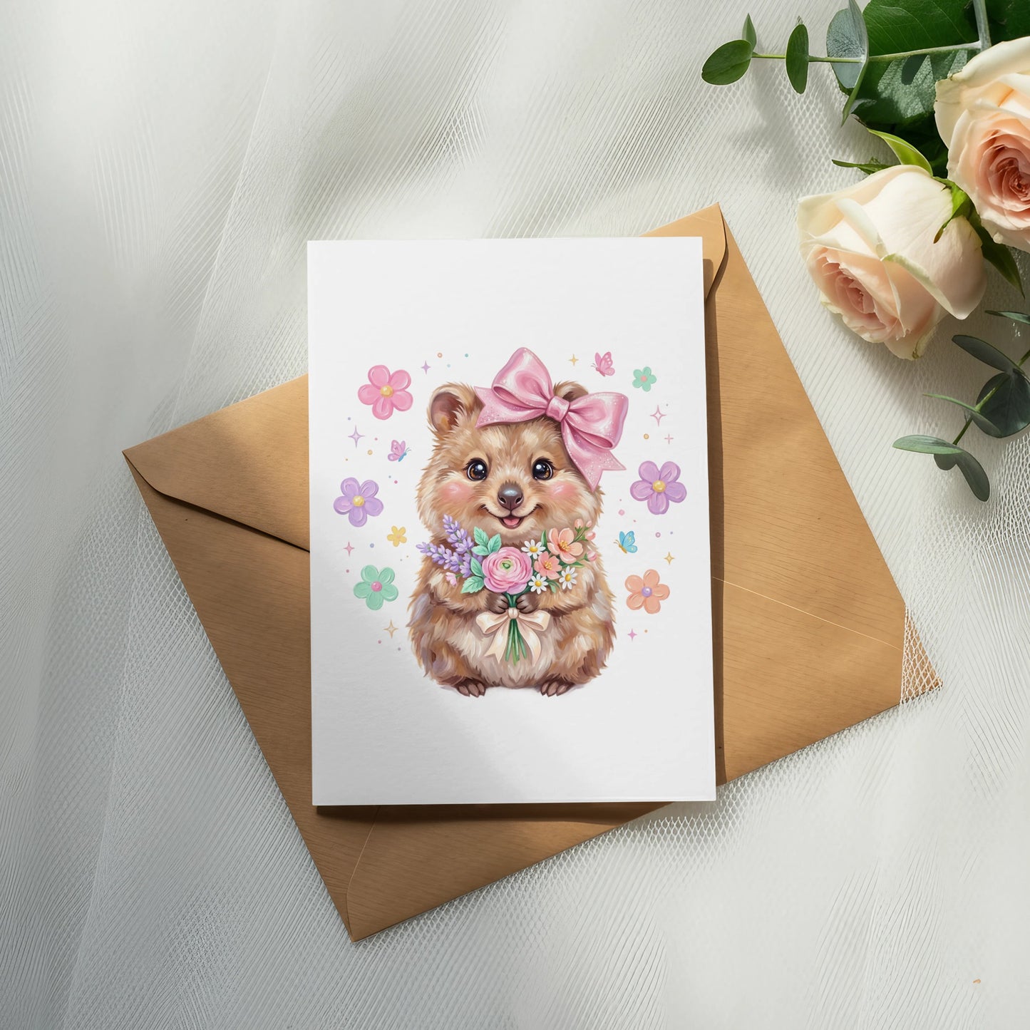 Quokka holding a pastel flower bouquet with pink bow, on an envelope.