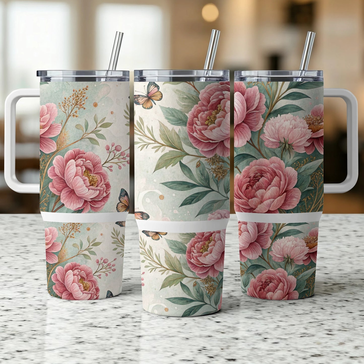 Three tumblers with pink peonies and butterflies design.