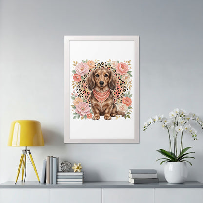 Dachshund wearing bandana surrounded by flowers in a white frame.