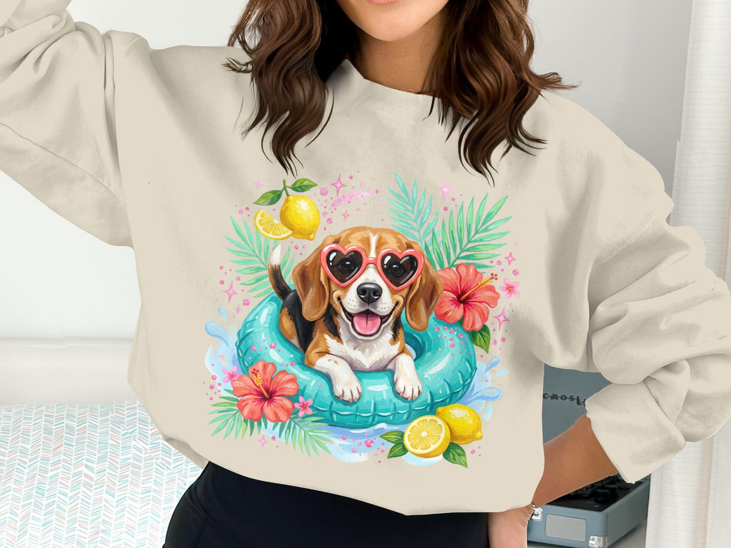 Beagle dog in heart sunglasses in inflatable ring with tropical flowers.