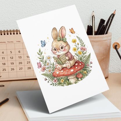 Illustration of a rabbit wearing glasses reading a book titled "Forest Tales" on a mushroom.