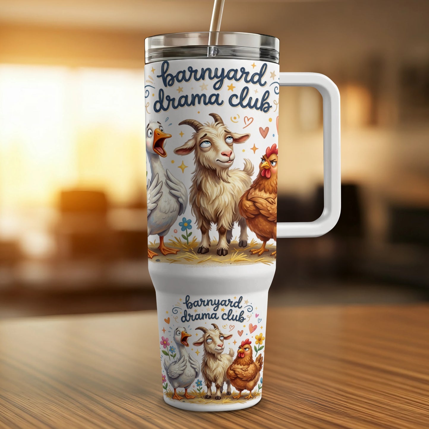 Barnyard Drama Club design on a white insulated tumbler with handle and straw.