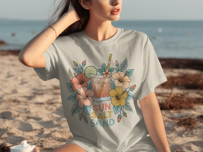 T-shirt with floral design and "Sun Salt Sand" text.