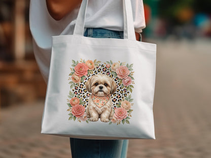 White tote bag with a Shih Tzu dog wearing a bandana, surrounded by flowers.