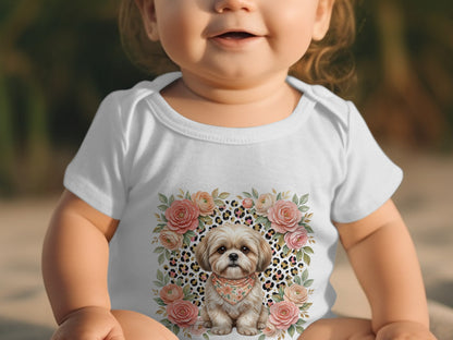 Baby wearing a white bodysuit with a Shih Tzu and floral design.