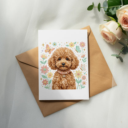Card with poodle illustration, surrounded by flowers and butterflies, on brown envelope.