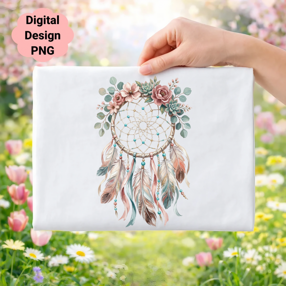 Dreamcatcher with feathers and flowers, on white fabric, held by hand.