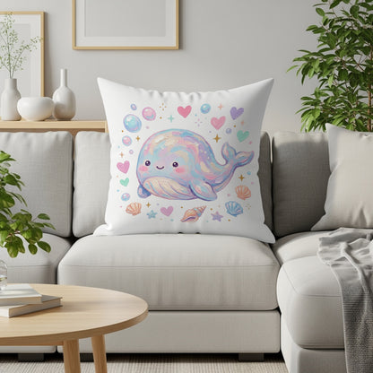 Whimsical cartoon whale with hearts and bubbles on a decorative pillow.