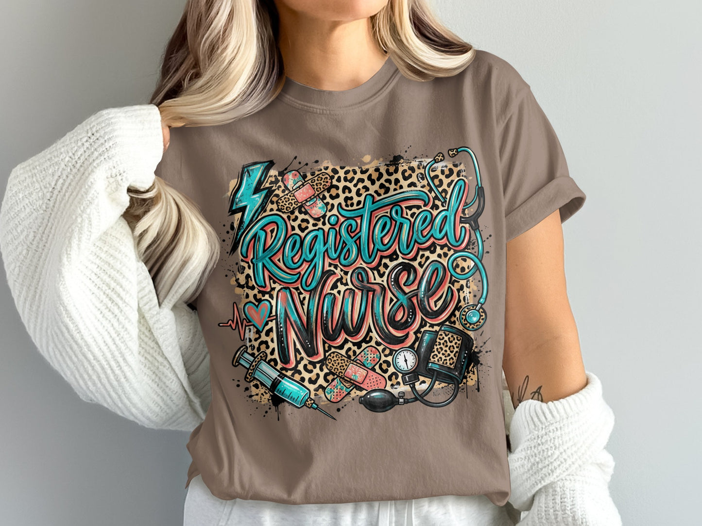 Registered Nurse graphic with medical icons on a brown t-shirt.
