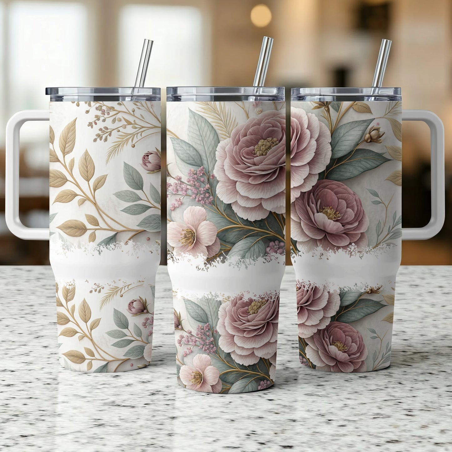 Three tumblers with floral and leaf patterns on a speckled countertop.