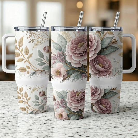 Three tumblers with floral and leaf patterns on a speckled countertop.