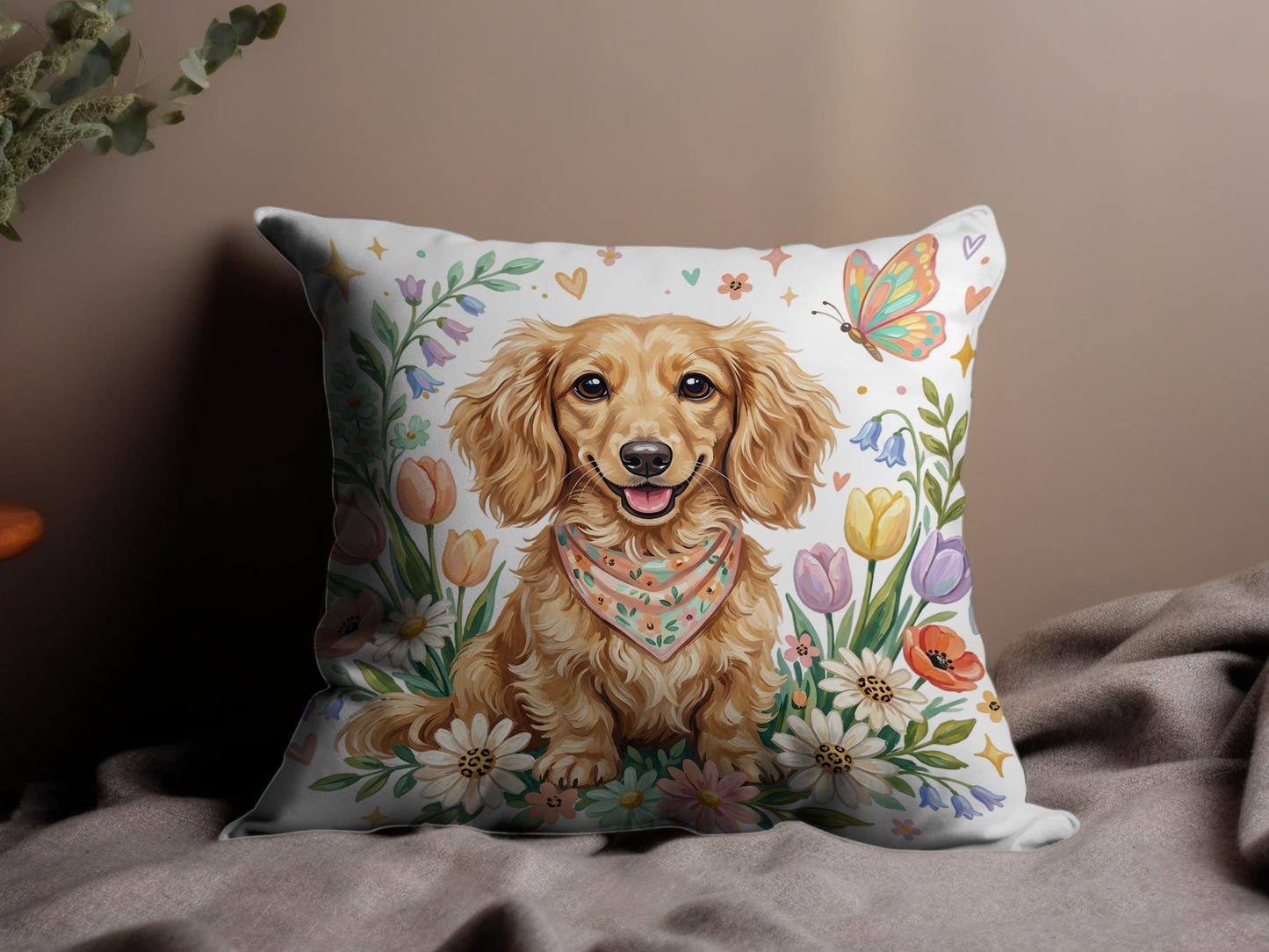 Dachshund with bandana surrounded by colorful spring flowers and a butterfly.