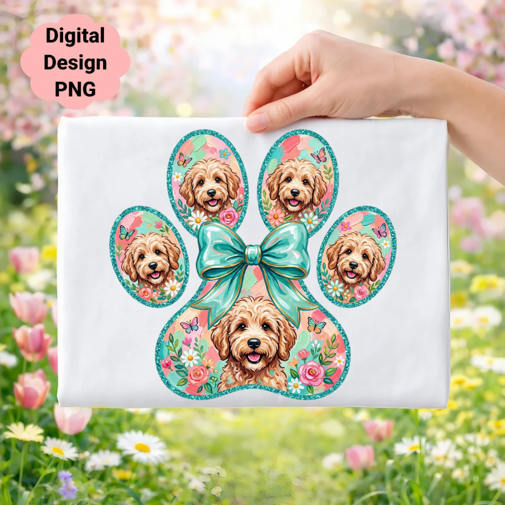 Dog paw print design with a dog's face in each pad, decorated with bows and butterflies.