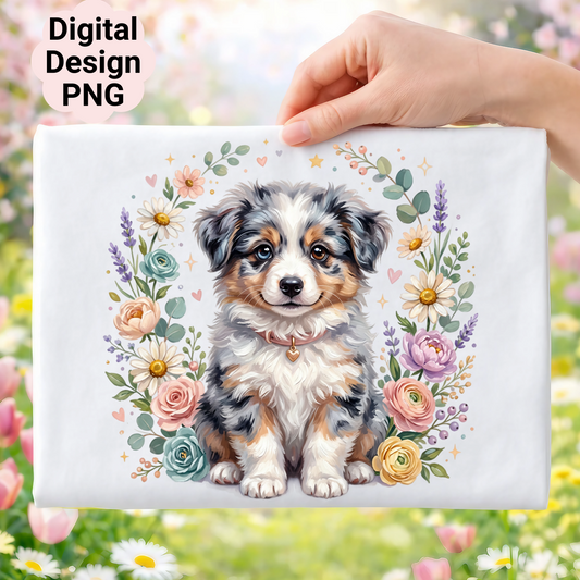 Australian Shepherd puppy with floral wreath, digital design PNG.