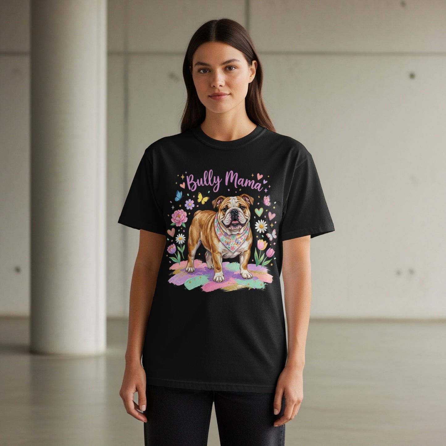 Bulldog wearing bandana and flowers, "Bully Mama" text on black t-shirt.