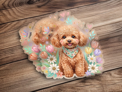 Poodle sticker with flowers, butterflies, and a colorful bandana.