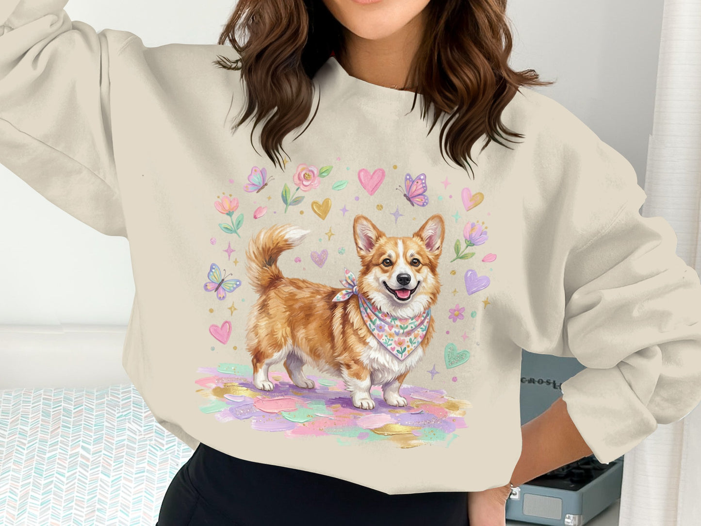 Corgi with bandana, surrounded by hearts, butterflies, and flowers.