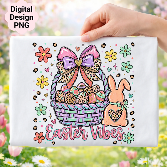 Easter basket with decorated eggs, leopard print bunny, and "Easter Vibes" text.