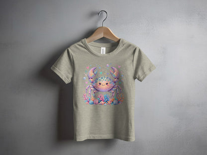 T-shirt with a cartoon crab graphic surrounded by coral and seashells.